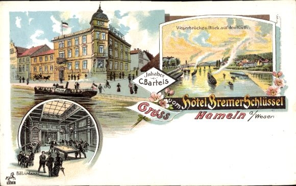 Chromo-Litho Hameln on the Weser Lower Saxony, Hotel Bremer Schlüssel, billiard hall