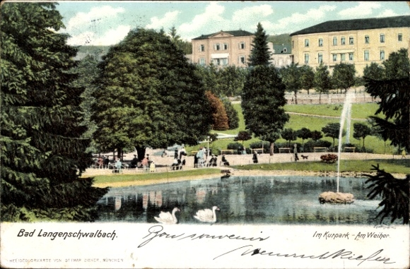 Postcard Langenschwalbach Bad Schwalbach in the Taunus, spa park with pond, swans, trees, people, buildings