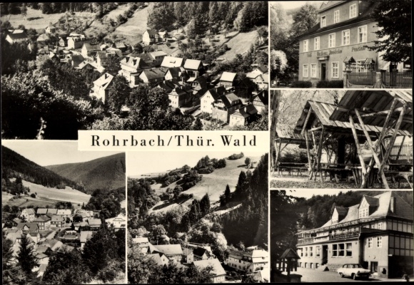 Postcard Rohrbach Thuringian Forest, view of the town, Inn Auerhahn, car