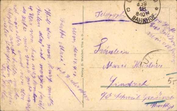 Poem Postcard Ulm on the Danube, cityscape, Swabian woman in traditional costume