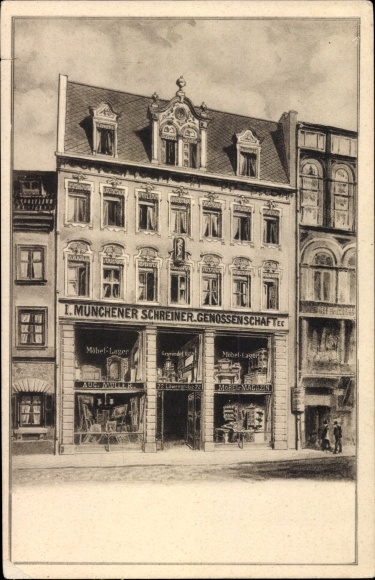 Postcard Munich, commercial building I. Munich carpenter cooperative, furniture warehouse, shop window