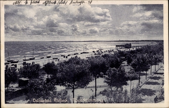 Postcard Ostseebad Ahlbeck on Usedom, Baltic Sea resort evening atmosphere, beach, boats, trees