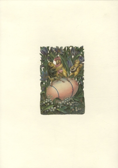 Oblate 3 chicks playing music and dancing on a colorful Easter egg, approx. 12 x 8 cm