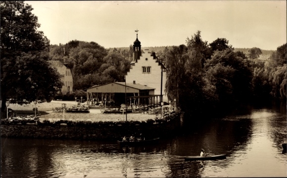 Postcard Rodewisch in Vogtland Saxony, rowing party on the gondola pond with a castle