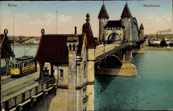 Postcard Bonn am Rhein, Rhine Bridge, bridge with towers, tram
