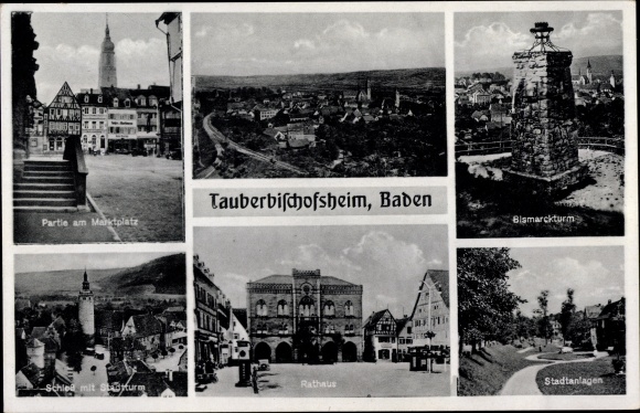 Postcard Tauberbischofsheim in Baden Württemberg, Bismarck Tower, town facilities, town hall, market square