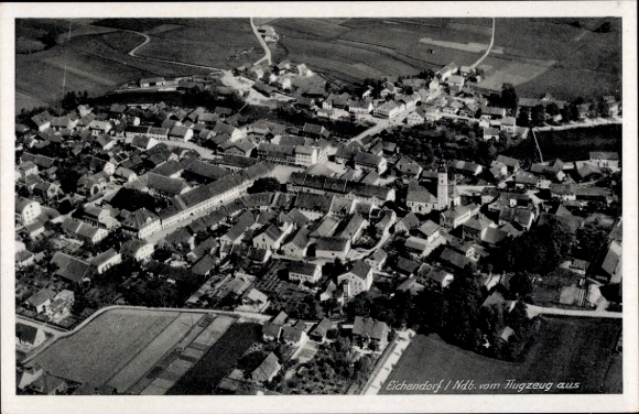Postcard Eichendorf in Lower Bavaria, aerial photograph, many buildings, streets, fields, view