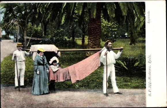Postcard Insel Madeira Portugal, Rede, porters with hanging chairs