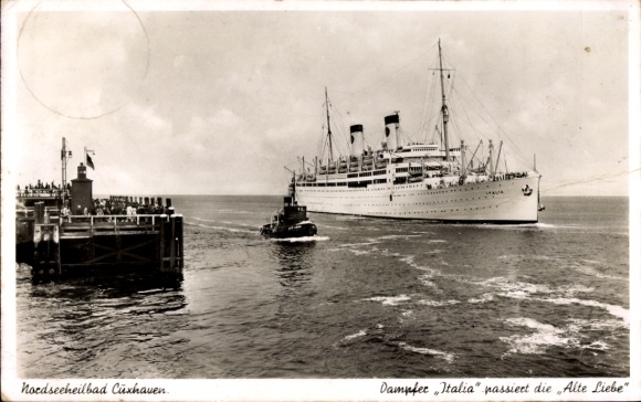 Ak Nordseebad Cuxhaven, stoomschip Italia passeert de Alte Liebe, Home Lines