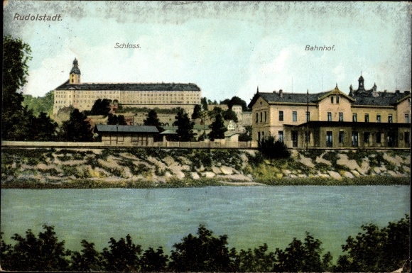 Postcard Rudolstadt in Thuringia, castle, train station