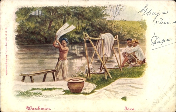 Artist Postcard Java Indonesia, Washerman on the riverbank