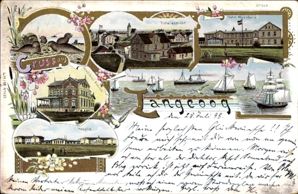 Chromo-Litho Langeoog in Lower Saxony, total view, Hotel Ahrenholtz, hospice