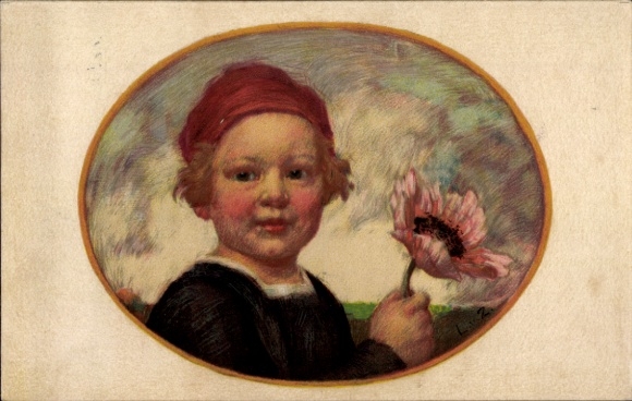 Artist Postcard by Zumbusch, Ludwig, Bavarian Flower Day 1913, Boy with Poppy Flower