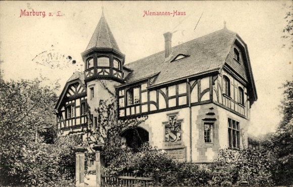 Postcard Marburg an der Lahn, Alemannen-Haus, old architecture, black and white picture