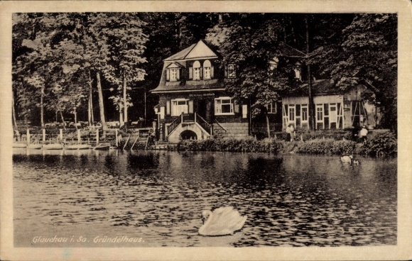 Postcard Glauchau in Saxony, Glauchau i. Sa. Gründelhaus, house on the water, surrounded by trees, swan