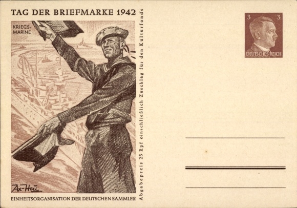 Postwaardestuk kunstenaarsbriefkaart Axster Heudtlaß, Postzegeldag 1942, Marine