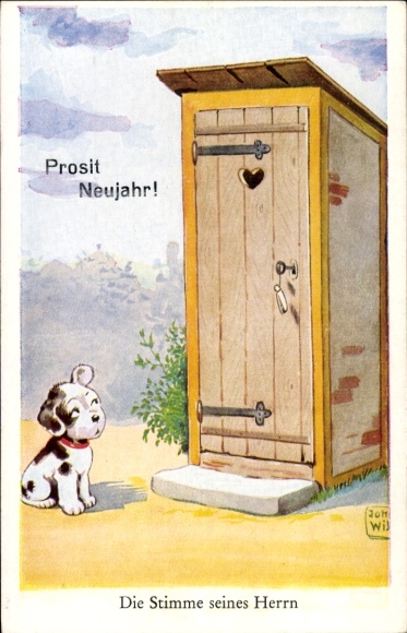 Artist Postcard Wills, John, The Voice of His Master, Man in the Toilet, Dog, Happy New Year