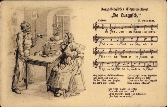 Song artists Postcard Schneider, Rud., De Lusgusch, Aarzgebirge Tschumperliedel, Wilhelm Vogel