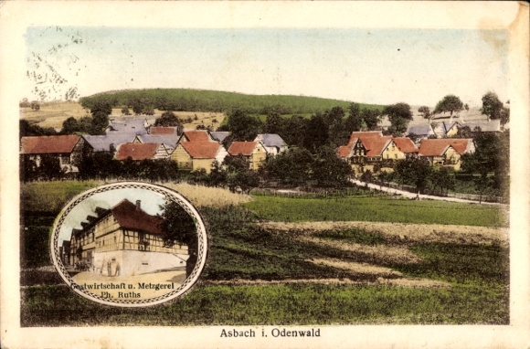 Ak Asbach Modautal in het Odenwald, algemeen beeld, herberg, slager Ph. Ruths
