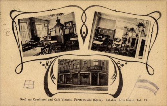 Postcard Fürstenwalde an der Spree, Café Victoria, interior view, exterior view, owner Fritz Gneist