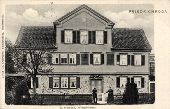 Postcard Friedrichroda in the Thuringian Forest, house with shutters, two people, tree, fence, Wilhelmspla