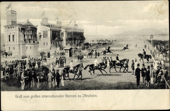 Postcard Iffezheim am Rhein Baden Württemberg, large international race, horses