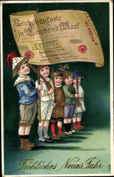 Ak Fröhliches Neues Jahr, Kinder mit Reichsbanknote