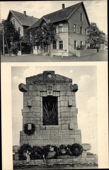 Postcard Feldbergen Söhlde in Lower Saxony, war memorial, inn Karl Kreuzberg
