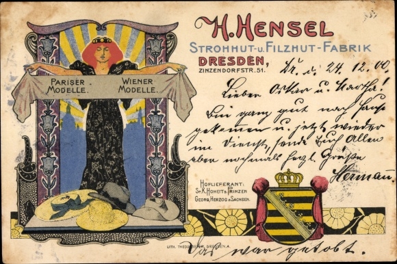 Art Nouveau Coat of Arms Chromo-Litho GDR German television broadcaster, straw hat and felt factory, Zinzendorfstraße 51