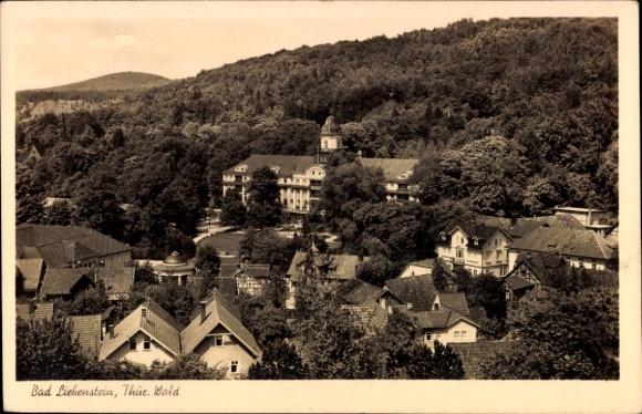Postcard Bad Liebenstein in the Thuringian Forest, building in the foreground, forest in the background, old architecture