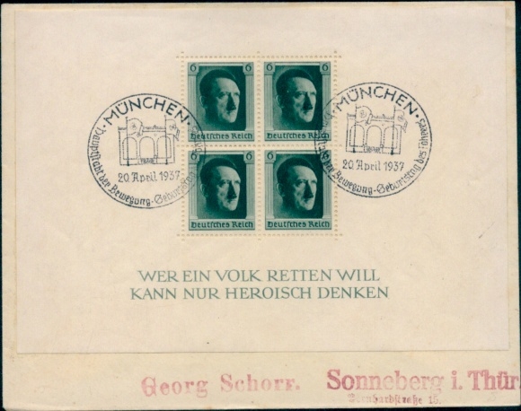 Envelope Whoever wants to save a people can only think heroically, stamp Munich 20 April 1937