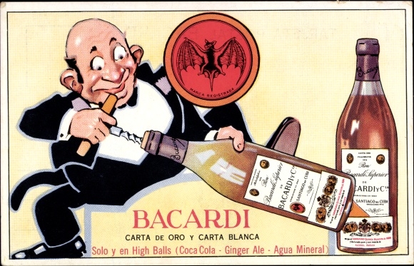 Postcard advertisement, Bacardi rum, waiter opens the bottle