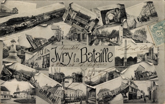 Postcard Ivry la Bataille Eure, Vue générale, porte, war memorial, harbor, obelisk