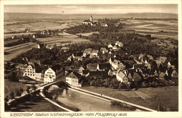 Postcard Westheim near Oettingen Middle Franconia, Station Wilhelmsglück, aerial photograph