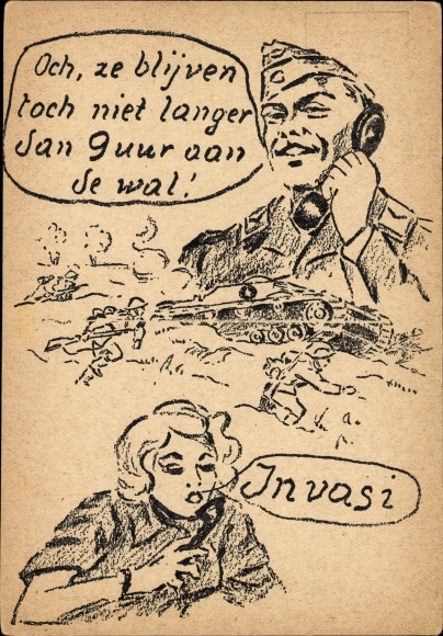 Postcard Satyre Series, Invasi, Oh, they won't stay any longer, WWII