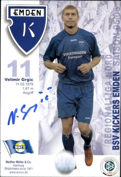 Autogrammkarte Fußballer Velimir Grgic, BSV Kickers Emden, Autogramm