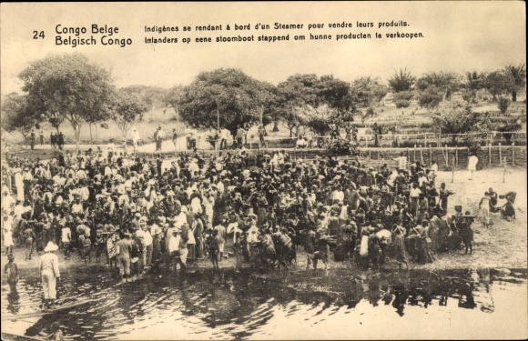 KP Congo Belge DR Congo Zair, Indigènes se rendant à bord d'un Steamer pour vendre leurs produits