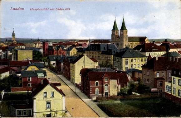Postcard Landau in der Pfalz, front view of main view, towers, southern perspective