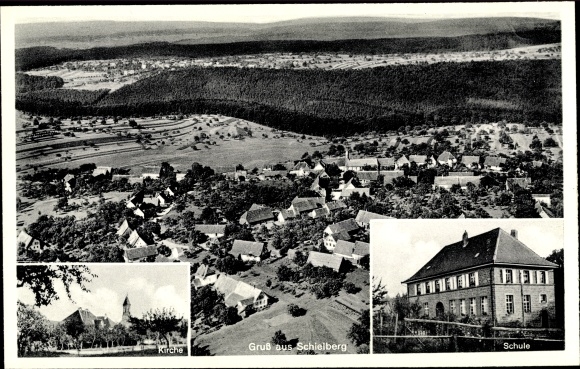 Postcard Schielberg Marxzell in Baden Württemberg, bird show, school, church