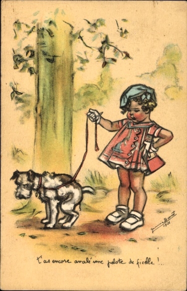 Artist Postcard Bouret, Germaine, Girl walking dog