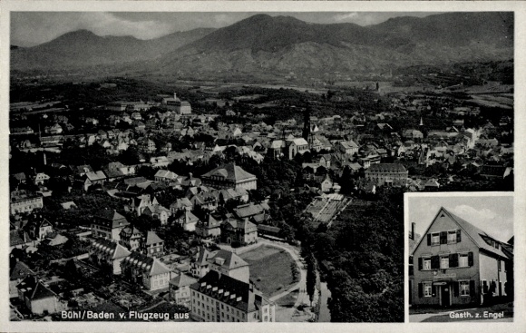Postcard Bühl in Baden Black Forest, aerial photograph, Gasthaus Zum Engel