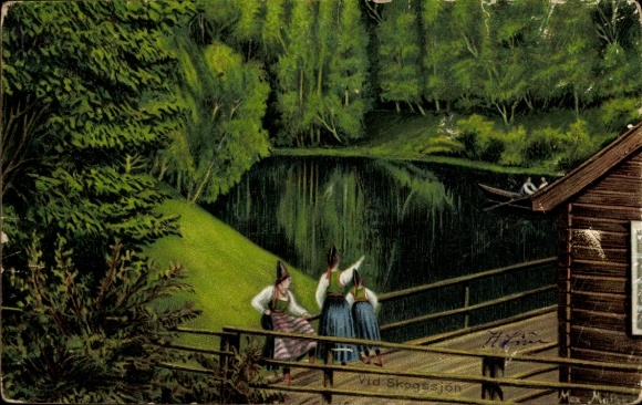Postcard Women in Swedish Costumes, Lake, Forest
