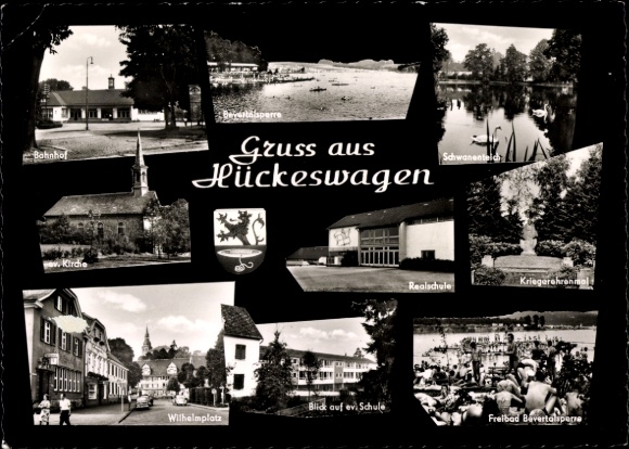 Postcard Hückeswagen in the Oberbergischer Kreis, secondary school, church, school, Wilhelmsplatz, outdoor swimming pool