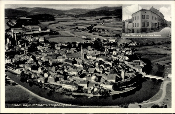 Ak Cham in de Opper-Palts, luchtfoto van het Gasthaus zum goldenen Stern, uitzicht vanuit het vliegtuig