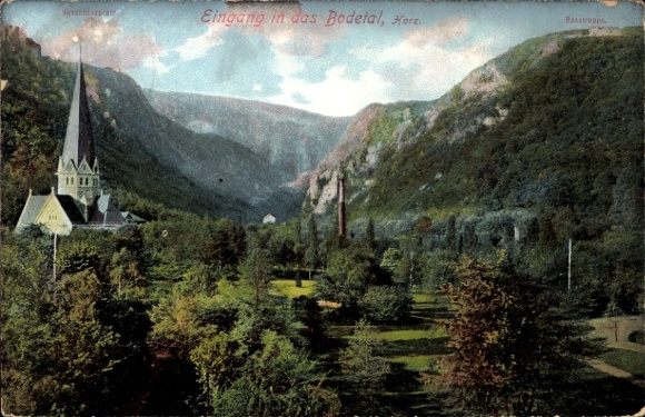 Ak Thale im Harz, Hexentanzplatz, Eingang in das Bodetal,  Landschaft, Bäume, Kirche