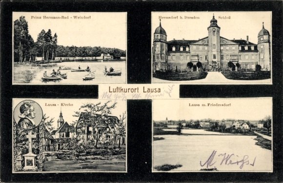 Postcard Lausa Weixdorf Dresden, Friedersdorf, Hermsdorf, prince Hermann Bath, Church, Castle