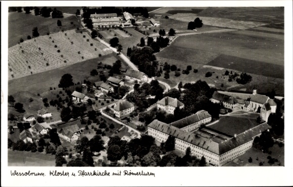 Postcard Wessobrunn in Upper Bavaria, monastery and parish church with Roman tower, aerial photograph