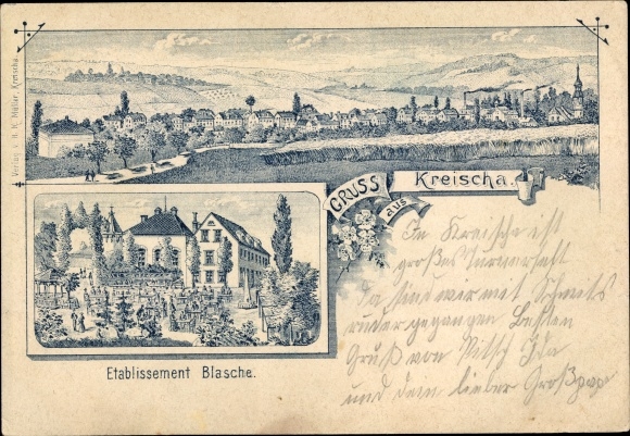 Chromo-Litho Kreischa in the Ore Mountains, Blasche establishment, panorama