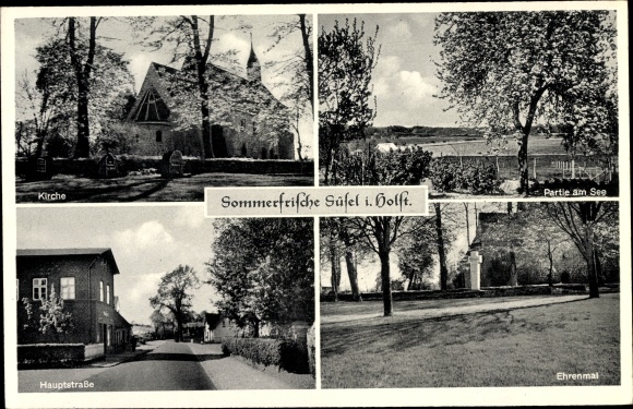 Postcard Süsel in Ostholstein, memorial, main street, church, lake party