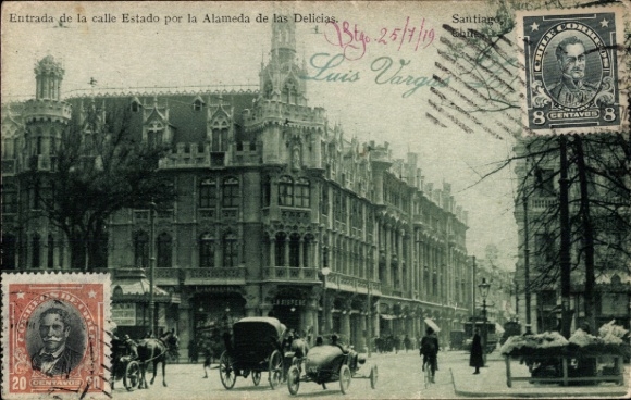 PC Santiago de Chile, entrance of Calle Estado, Alameda de las Delicias, postmark, 20 centavo